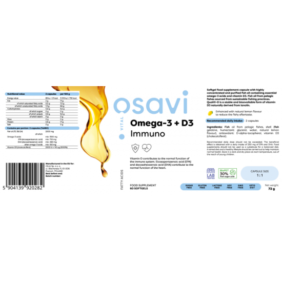 Omega-3 + D3 IMMUNO, 1300 mg + 2000 IU (60 softgels, lemon flavour)