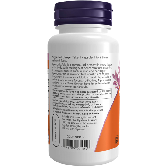 Hialuronskābe 100 mg dubultā stipruma (60 vegānu kapsulas)